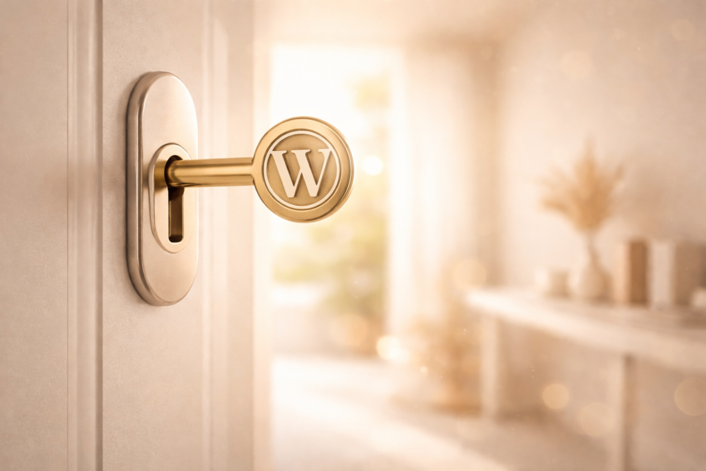 A symbolic image of a key with the WordPress logo unlocking a door, representing the opportunities and growth that a WordPress site can provide.